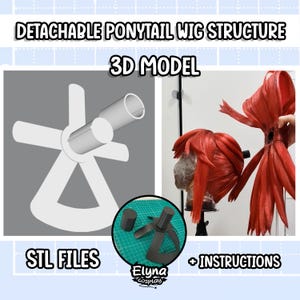Può includere: Immagine di una struttura per parrucca a coda di cavallo staccabile. L'immagine include un modello 3D, file STL e istruzioni. La parrucca è rossa e la struttura è bianca. Il testo nell'immagine dice "Detachable Ponytail Wig Structure" e "3D Model".