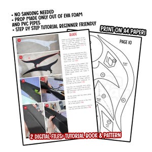 May include: A printable PDF pattern for a scythe prop, with instructions for making it out of EVA foam and PVC pipes. The pattern includes a step-by-step tutorial and is beginner friendly. The pattern is printed on A4 paper.