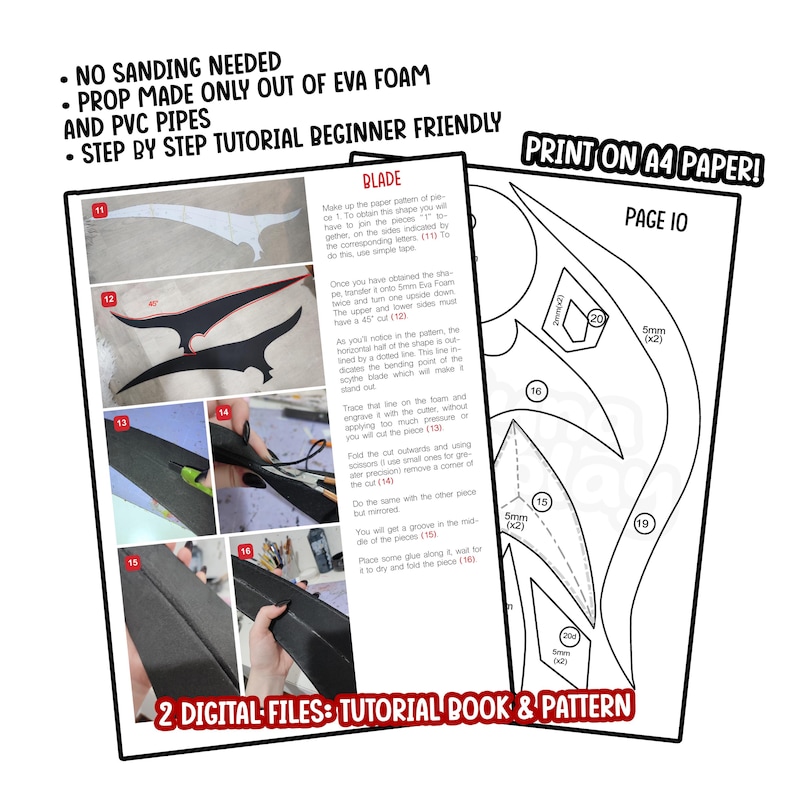 May include: A printable PDF pattern for a scythe prop, with instructions for making it out of EVA foam and PVC pipes. The pattern includes a step-by-step tutorial and is beginner friendly. The pattern is printed on A4 paper.