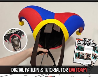 May include: A Pomni hat digital pattern and tutorial for EVA foam. The hat features a jester-style design with alternating red and blue sections, a yellow brim, and yellow spheres at the tips. Includes a step-by-step tutorial and A4 PDF templates.