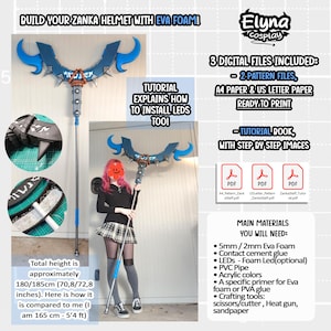 May include: Image of a cosplay tutorial for a Zanka helmet. The image shows a staff with blue details, a person holding the staff, and text that reads "Build Your Zanka Helmet with Eva Foam!" and "Tutorial Explains How to Install LEDs Too!"