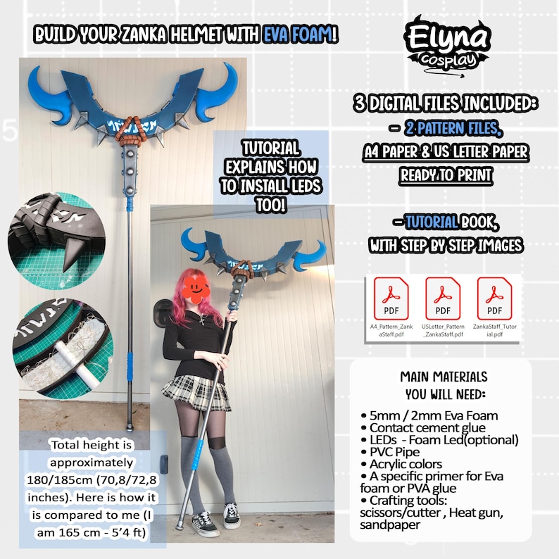 May include: Image of a cosplay tutorial for a Zanka helmet. The image shows a staff with blue details, a person holding the staff, and text that reads "Build Your Zanka Helmet with Eva Foam!" and "Tutorial Explains How to Install LEDs Too!"
