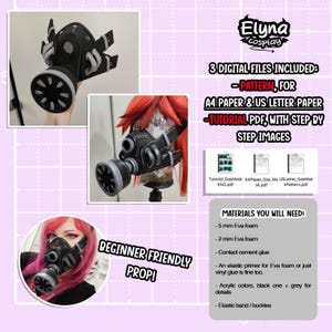 May include: Black and gray gas mask prop with a circular filter and multiple tubes. The image includes text that says "Beginner Friendly Prop!" and "3 Digital Files Included: Pattern, for A4 Paper & US Letter Paper, Tutorial PDF, with Step by Step Images."