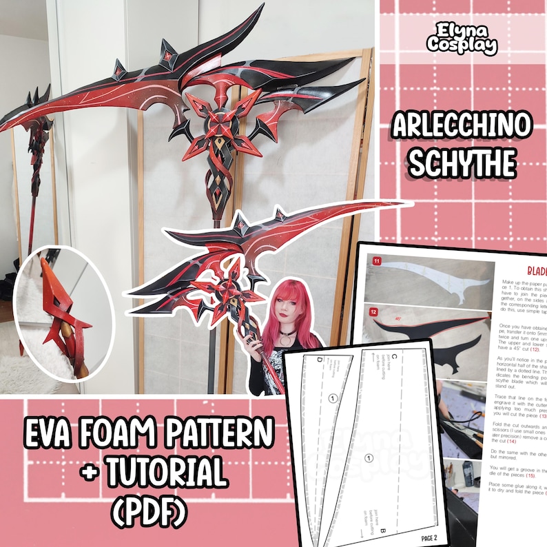 May include: A red and black Arlecchino Scythe prop with EVA foam pattern and tutorial PDF instructions. The prop is made of foam and is designed to look like a scythe from the video game Genshin Impact.