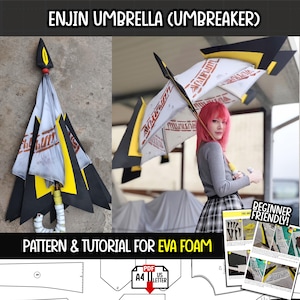 May include: A unique umbrella with a black, yellow, and white design. The umbrella has a distinctive shape and features text that reads "ENJIN UMBRELLA (UMBREAKER)" and "PATTERN & TUTORIAL FOR EVA FOAM". The design is beginner friendly.