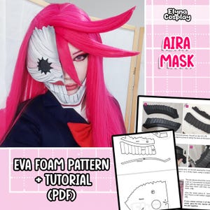 May include: Aira Mask EVA Foam Pattern and Tutorial PDF. A pink haired person wearing a white and black mask. The PDF includes a pattern and instructions for making the mask.