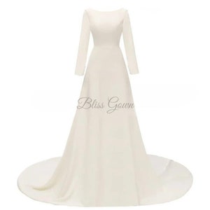 Long Wedding Dress, Modest Wedding dress, Ivory Satin Wedding Dress, Backless Long Sleeve Bridal Dress, Custom Size Dress