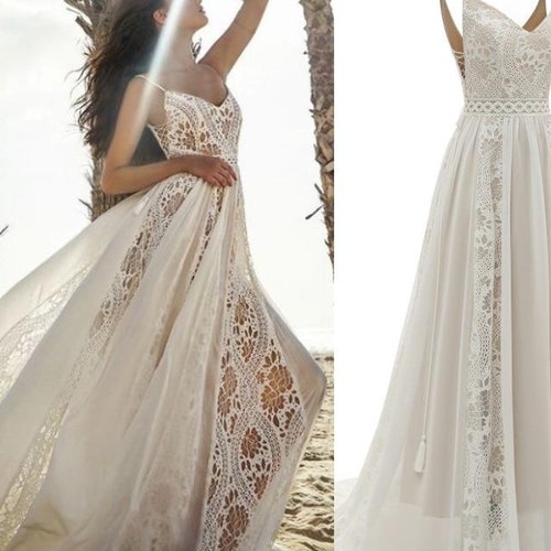 Elegant Spaghetti Straps Bohemian Wedding Dress with Sparkly Lace Details