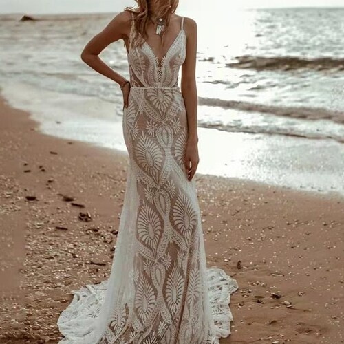 bohemian spaghetti strap wedding dress