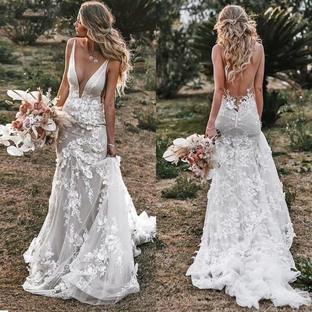 Boho Wedding Dress Lace Bridal Dress 3D Flowers Mermaid - Etsy