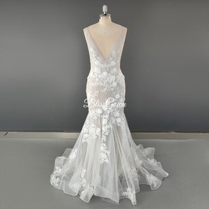 Boho Wedding Dress, Lace Bridal Dress, 3D Flowers Mermaid Wedding Dresses, Spaghetti Straps Backless Wedding Dress, Light Grey Bridal Gown