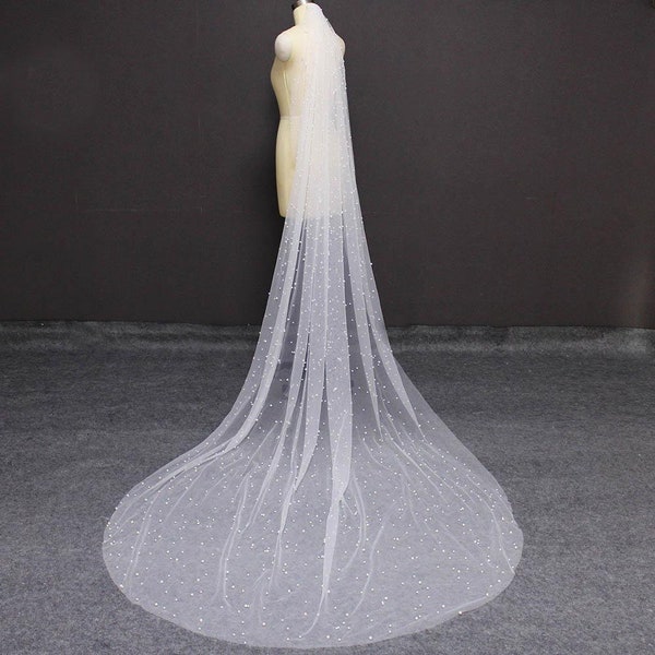 Next Day Ship, Pearl Wedding Veil, Blusher Veil, Scattered Pearl Lace Bridal Veil, Fingertip Veil, Chapel Veil, Cathedral Veil with Comb