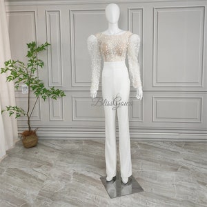 Wedding Jumpsuit, Wedding Jumpsuit Bride, Appliques Jumpsuit Women, Long Sleeves Backless 70s Jumpsuit, Bridal jumpsuit, White Jumpsuit