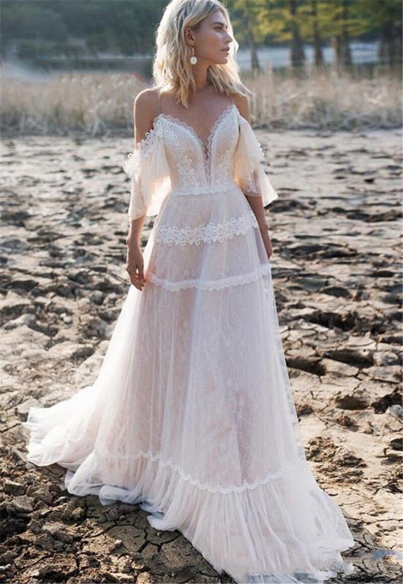 Lace Boho Wedding Dress Bohemian Pink ...