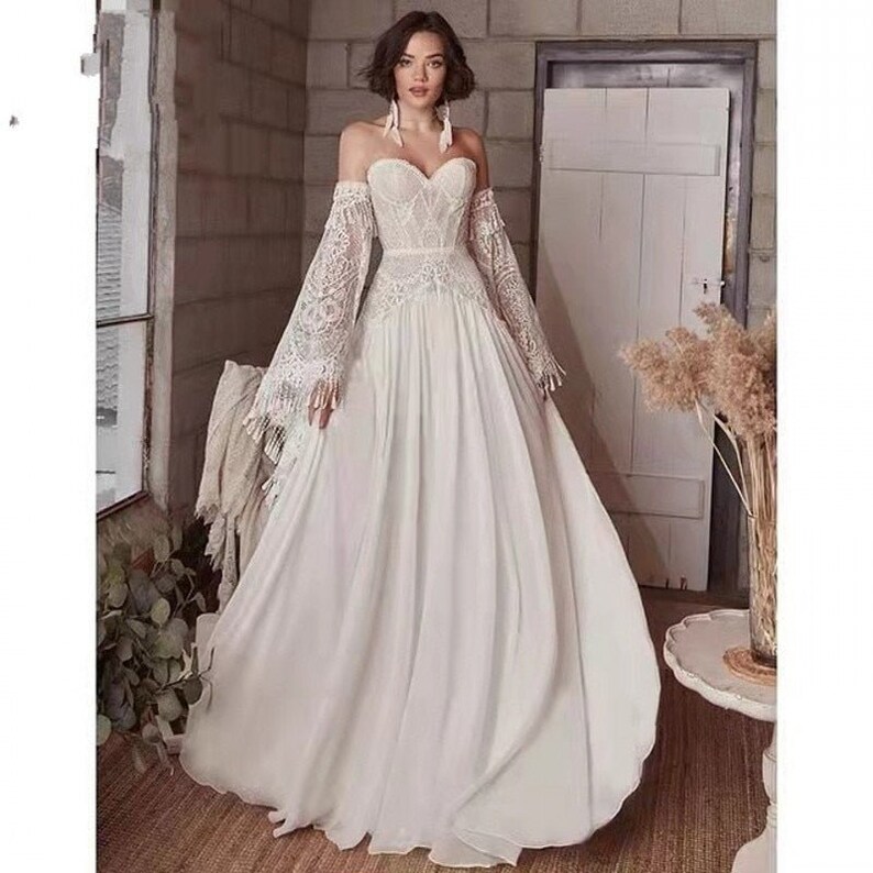 Boho Wedding Dress Chiffon Wedding Dress Ivory Bridal Dress Etsy