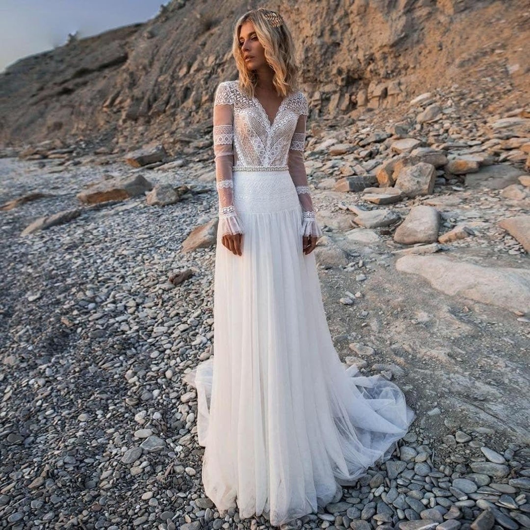 Boho Wedding Dress Tulle Lace Wedding Dress Bohemian Bridal - Etsy