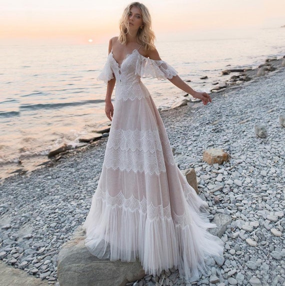 spaghetti strap boho wedding dress