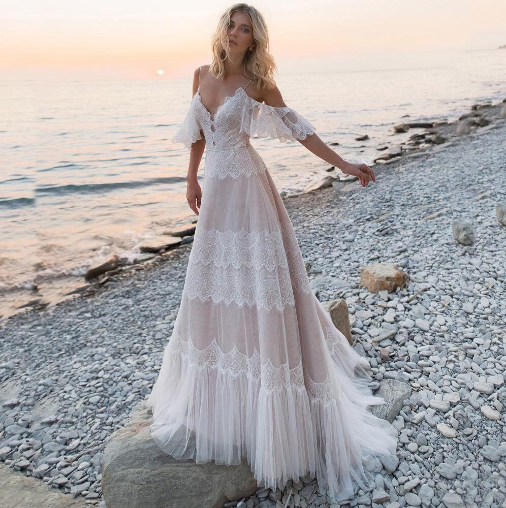 Backless Mermaid Lace Beach Wedding Dresses Boho Bridal Gowns Spaghetti Straps 