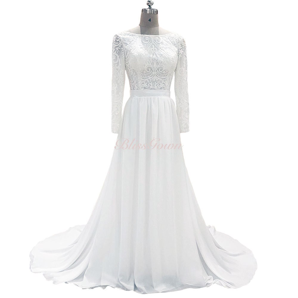 White Boho Wedding Dress Lace Top Chiffon Skirt Wedding - Etsy