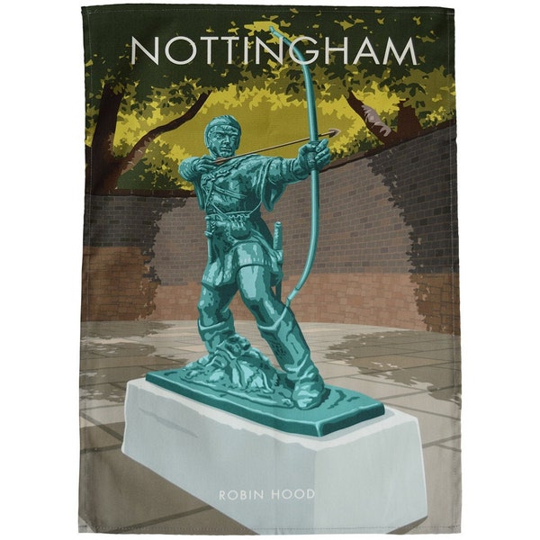 Nottingham - Robin Hood Statue Tea Towel - Kitchen Towel - Lincoln Green - Sherwood Forest