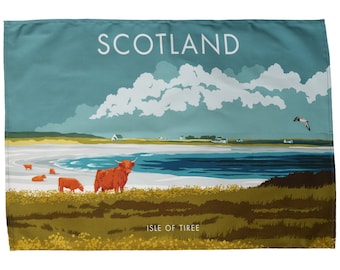 Isle of Tiree Tea Towel - Kitchen Towel - Scottish Islands - Highland Cows - Scotland Gifts