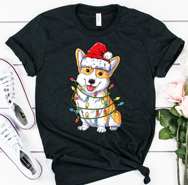 Christmas Light Tree Funny Corgi Dog Light Tree T-shirt Santa Hat Shirt Christmas Shirt Corgi Dog Lover Shirt Christmas Party Shirt