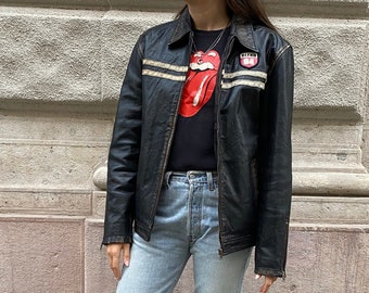 Classic Vintage Unisex Biker-Style Leather Jacket  / Size Small / - Distinctive Worn-In Look Aviator Style Moto Jacket