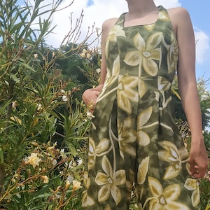 Vintage Green Overall with Orchid Pattern for Women / Size S-M /  Floral Jumpsuit Romper Baggy fit Sleeveless dress; One piece