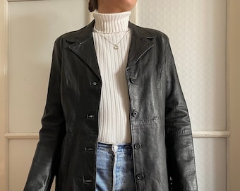 Vintage Leder Mantel für Frauen in Schwarz / Größe S-M / Vintage Leder Blazer mit Notch Kragen / Minimalistischer Mantel Made in Italy