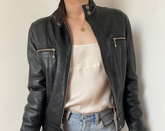 Vintage Y2K Bikerjacke für Frauen / Größe XS / Echtleder Moto Jacke / Y2K Short Zip Up Aviator Jacket