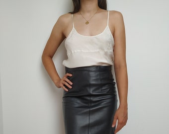 Vintage Leather Slit Skirt in Black  / Size XS / Leather Pencil Skirt / Soft Genuine Leather Minimalist 90s High-Waisted