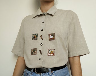 Vintage Folk Blouse with Peasant Embroidery / Size M/ Trachten Shirt / Austrain Shirt / Beige Cotton Shirt / Short Sleeve Shirt