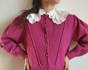 Vintage Austrian Cardigan, Pink wool cardigan / Austrian Trachten cardigan with puff sleeves / Tyrol Bavarian Austrian Folk Sweater