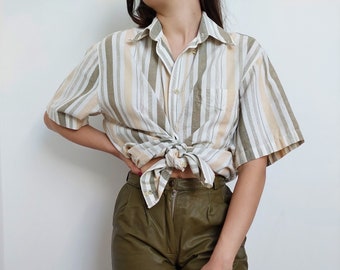 Vintage Cotton - Linen Blend Shirt, Size S-M / Cotton Striped Shirt / Unisex Shirt / Summer Shirt / Oversized Shirt / Earth Tone