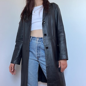 Leather Jacket for Women in Black / Size Medium / Vintage Genuine Leather Coat with Notch Collar Feminine 90s Minimalist Knee Length Jacket