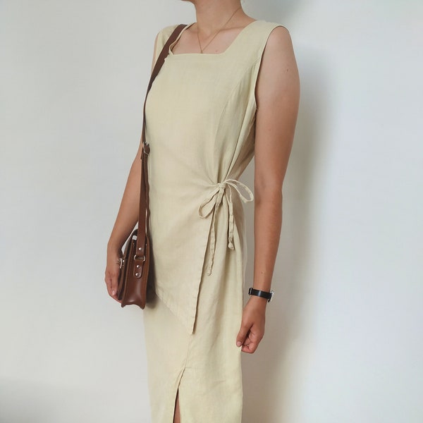 Vintage Linen Summer Dress for Women / Size Medium - EU:42 / Green Midi Linen Dress / Sleeveless Elegant