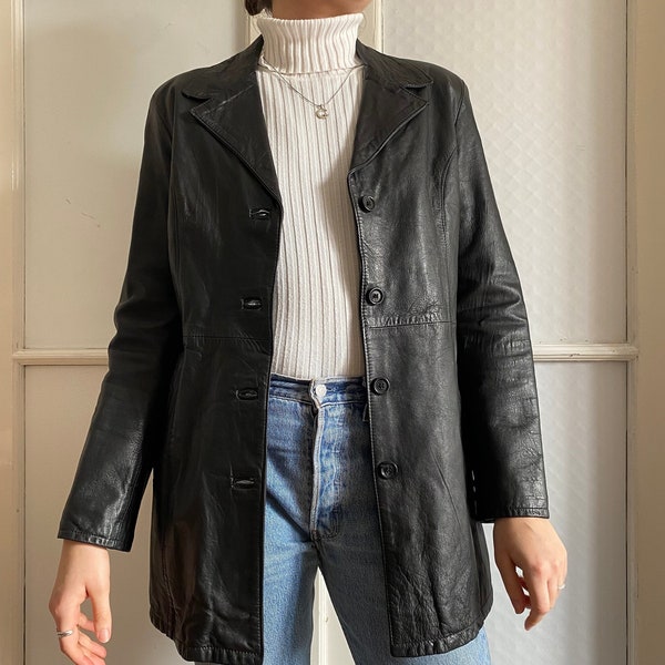 Veste en cuir pour femme en noir / Taille S-M / Manteau vintage en cuir nappa en cuir véritable / Manteau minimaliste fabriqué en Italie