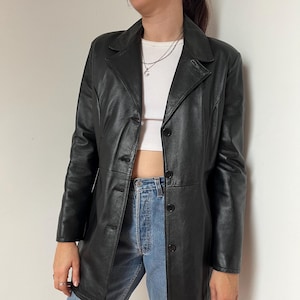 Vintage Italian Black Leather Blazer – Size Small - Real Leather Longline Jacket – 90s Minimalist Made in Italy Coat – Classic Outerwear