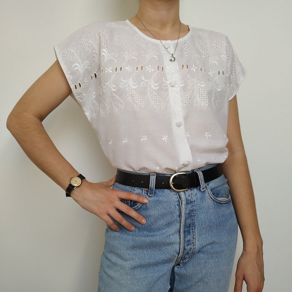 Blusa de encaje blanco vintage / Talla M-L / Blusa de algodón blanco para mujer / Blusa boho de algodón bordado blanco / Top de verano