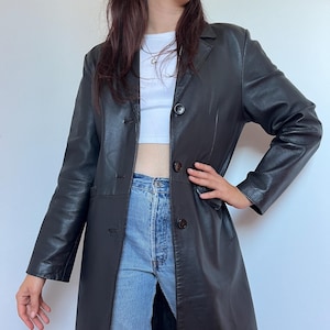 Vintage Long Leather Trench Coat, Early 90s Minimalist Black Vintage Long Leather Trench Coat, Early 90s Minimalist Black