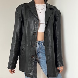 Veste en cuir noire / Taille M-L / Manteau vintage en cuir souple Manteau nappa en cuir véritable / Style unisexe minimaliste avec col cranté