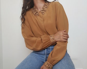 Vintage ESCADA 100% silk blouse by Margaretha Ley / Size M / Gold silk blouse / Shiny collared silk blouse Luxury silk blouse
