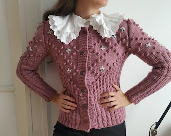 Vintage Austrian Hand Knitted Wool Cardigan in Pink / Popcorn Knit Cottagegecore Style