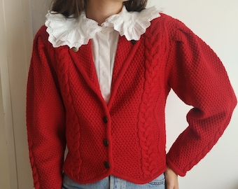 Vintage Austrian Wool Cardigan in Red / Size S-M / Tyrolean Sweater with Cable Knit Details