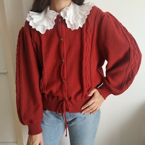 Vintage Rustic Brown Cable Knit Cottagecore Cardigan with Cinchable Waist / Size M