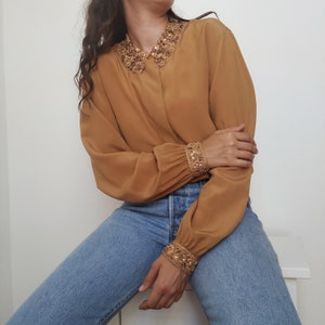 Vintage Escada Silk blouse by Margaretha Ley / Size M / Gold silk blouse shiny collared / Luxury Pure Silk Shirt
