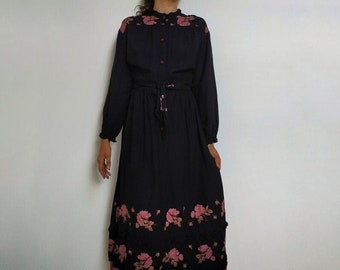 Vintage Black Dress with Pink Rose Pattern / Size XS / Vintage Long Dress Flower Print