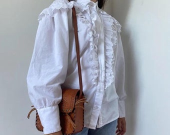 Vintage White Cotton Ruffle Blouse / Size Medium / Victorian Style Shirt with Broderie Anglaise Details / Puffy Sleeve Romantic Collar Shirt