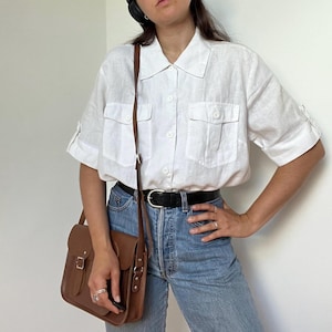 Vintage 100% Linen Button-Up Shirt | Size Large - White Short Sleeve Linen Shirt | Relaxed Fit Summer Blouse | Minimalist Natural Fabric