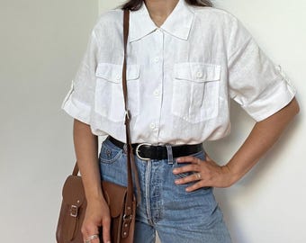 Vintage 100% Linen Button-Up Shirt | Size Large - White Short Sleeve Linen Shirt | Relaxed Fit Summer Blouse | Minimalist Natural Fabric